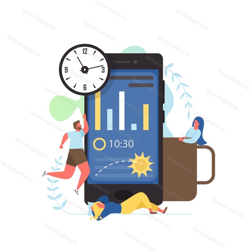 Sleep app, vector flat style design illustration. Application for tracking and improving sleep for smartphone concept for web banner, website page etc.