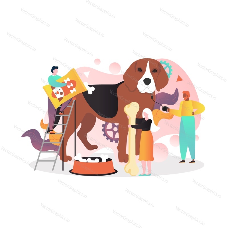 Vector illustration of tiny characters man pet owner keeping big dog on leash, woman with bone and other man with dry food. Dog products and supplies composition for pet shop website, web banner etc.