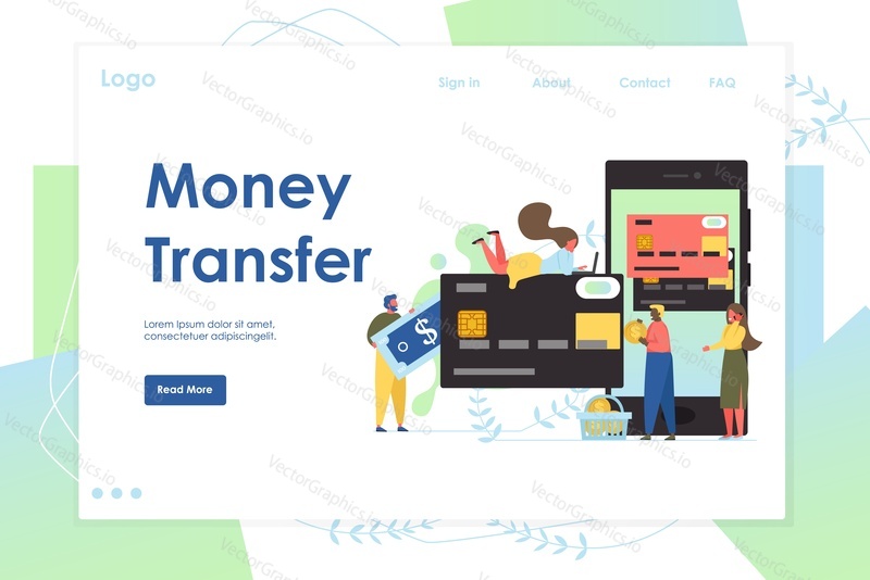 Money transfer vector website template, web page and landing page design for website and mobile site development. Online banking, internet payment concept with smartphone, bank cards, characters.