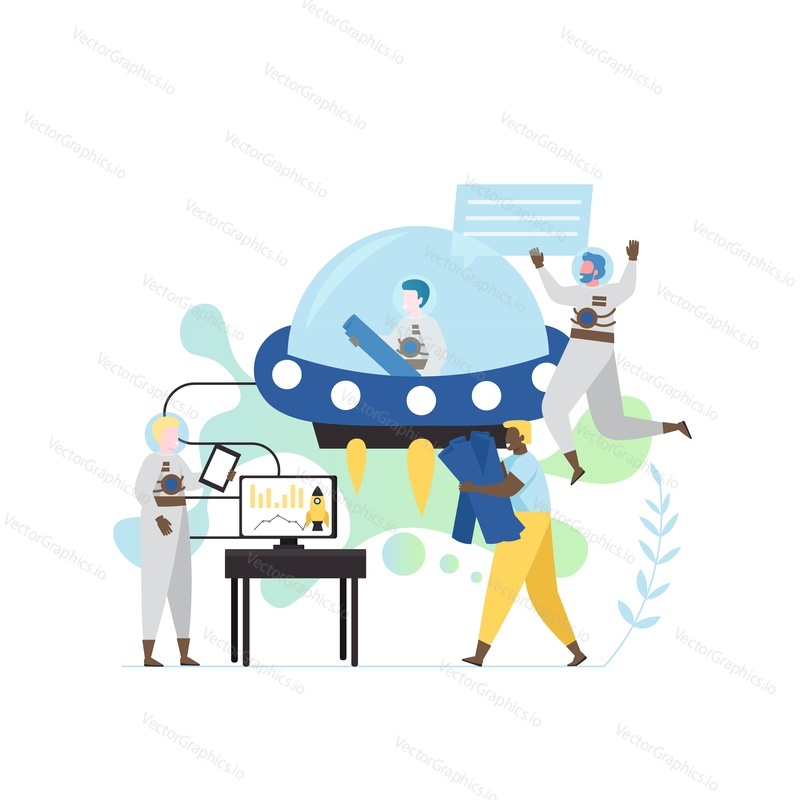 Flying saucer spaceship with astronaut pilot startup, vector flat style design illustration. Space journey, universe exploring, flight test, new space technologies concept for web banner, website page