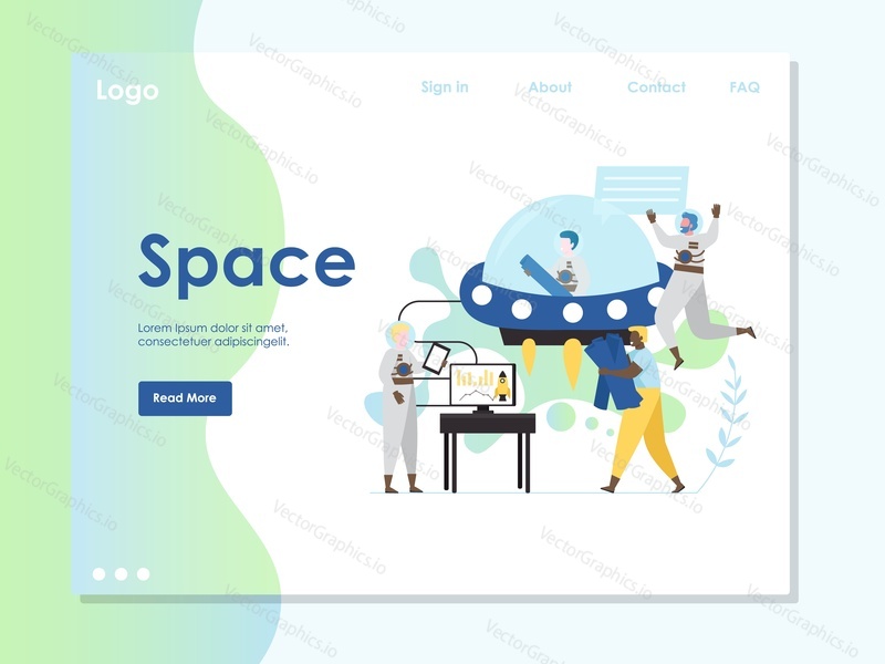 Space vector website template, web page and landing page design for website and mobile site development. Flying saucer spacecraft with astronaut pilot startup. New space technologies concept.