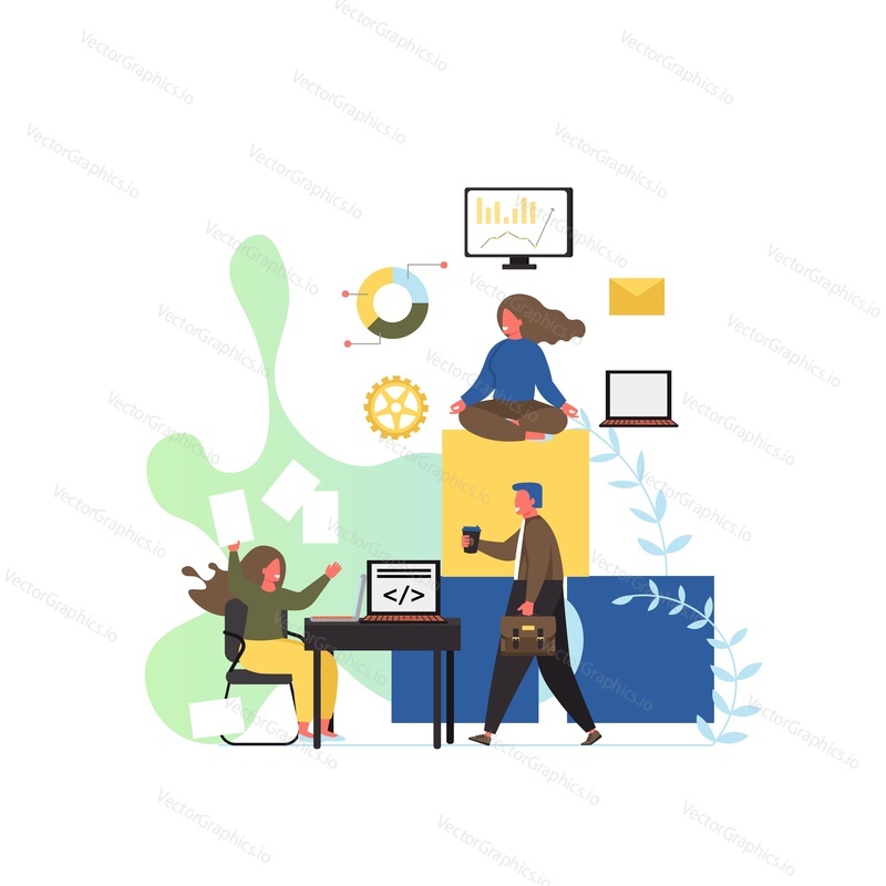 Workspace, vector flat style design illustration. Office workplace with characters working and taking rest. Software developer workstation, teamwork concept for web banner, website page etc.