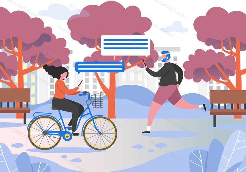 Happy woman riding bicycle, man jogging in city park, vector flat illustration. Summer outdoor activities, sport, hobby, healthy lifestyle composition for poster, banner etc.