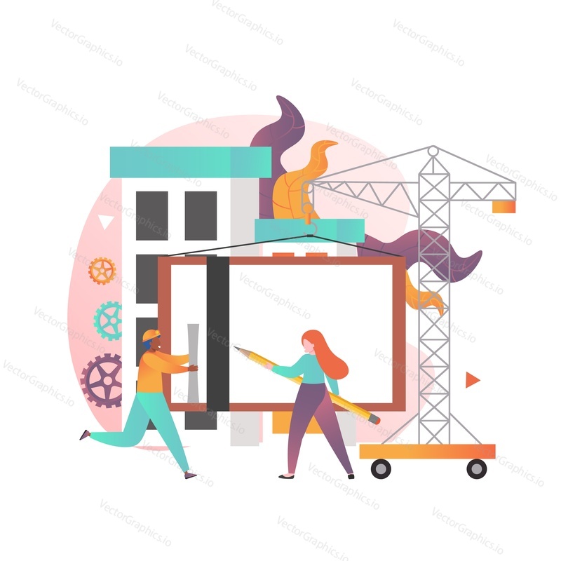 Man in helmet running with rolled up blueprints, woman drawing with pencil, city construction site with tower crane, vector illustration. Construction engineer services concept for website page etc.