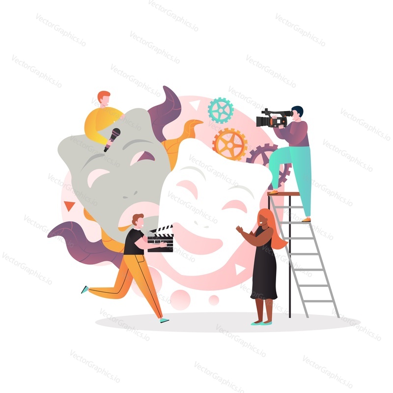 Movie production vector illustration, Huge tragedy and comedy masks and tiny characters in studio shooting film. Cinematography, movie industry, filmmaking concept for web banner, website page etc.