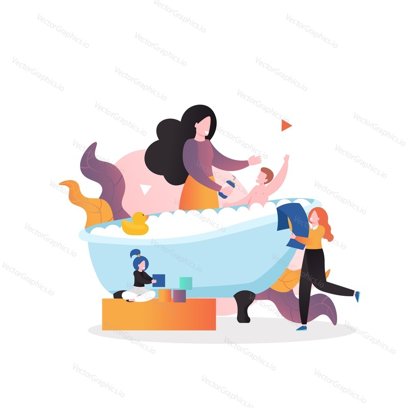 Boy taking bath with nanny, girl playing with blocks in kindergarten, vector illustration. Day care center, infant school concept for web banner, website page etc.