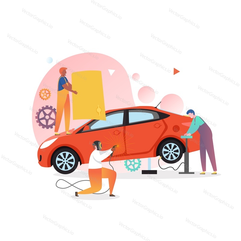 Auto mechanics fixing broken car, vector illustration. Car repair workshop, tire service concept for web banner, website page etc.