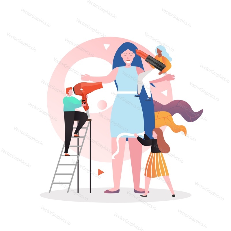 Male and female characters makeup artist, fashion stylist, hairdresser preparing model girl backstage for runway show, vector illustration. Fashion show concept for web banner, website page etc.