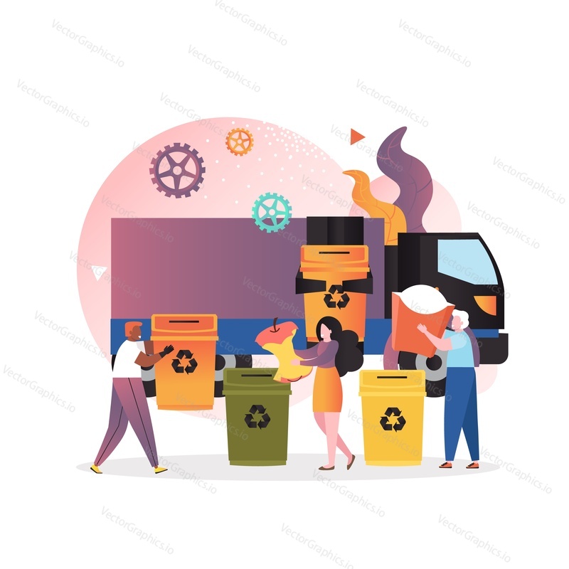 Garbage truck collecting municipal solid waste, people putting household waste into dumpsters special containers, vector illustration. Waste sorting for recycling concept for web banner, website page.