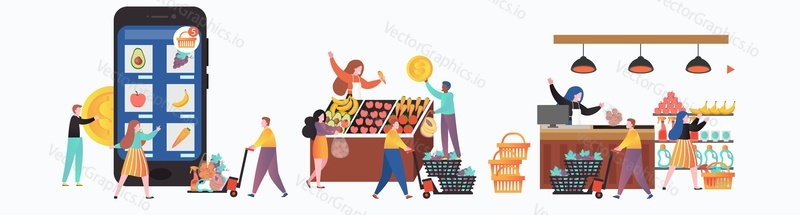 Fresh and healthy fruit and veg market stalls with male and female characters sellers and buyers, vector illustration. Bazar, online farmers market concept for web banner, website page etc.
