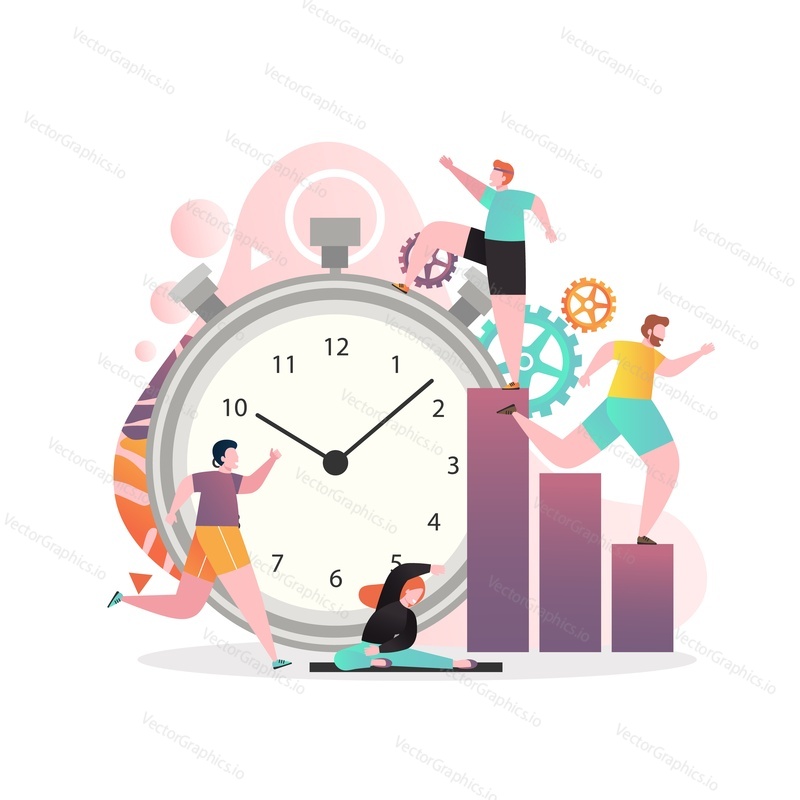 Huge stopwatch and people running, doing yoga, vector illustration. Sport time, healthy lifestyle, fitness, gym workout concept for web banner, website page etc.