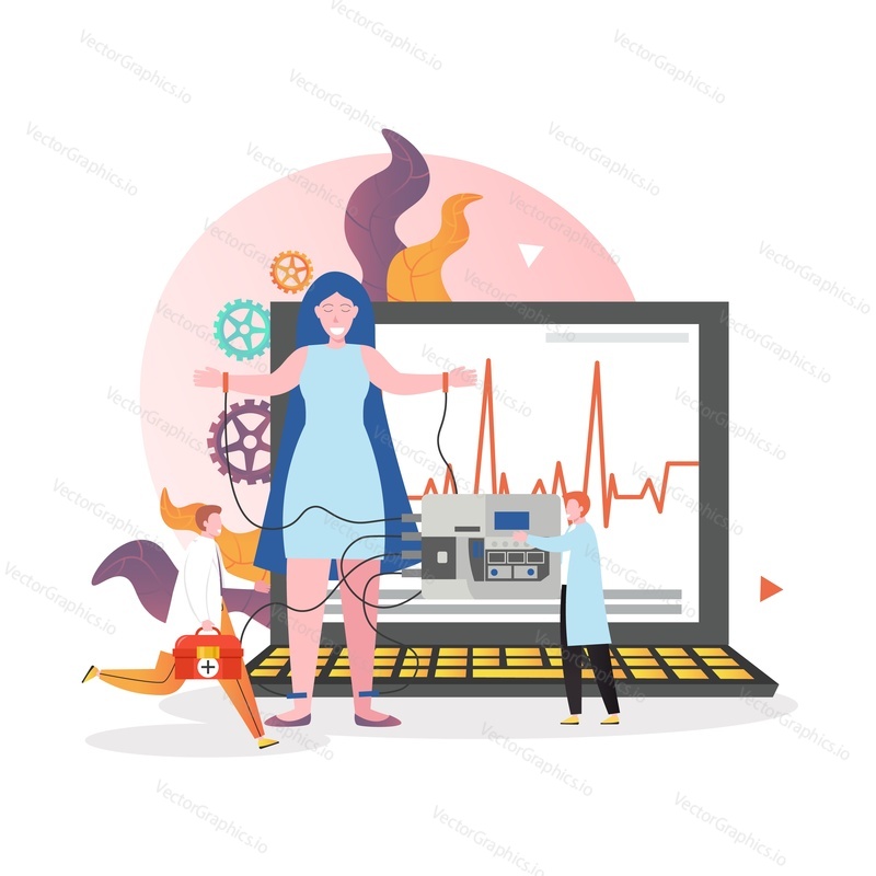 Heart activity analysis vector concept illustration. Electrocardiography, ECG or EKG procedure with patient female and medical staff characters. Healthcare, cardiology, heart examination composition.