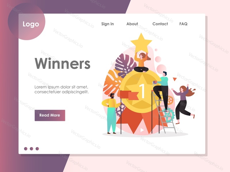 Winners vector website template, web page and landing page design for website and mobile site development. Winner people team success concept.