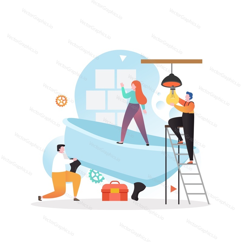 Male and female characters installing new tile and bathtub, fixing lamp in bathroom, vector illustration. Home repair services concept for web banner, website page etc.