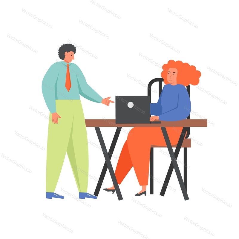 Business people man and woman discussing idea, debating, vector flat isolated illustration. Business team office scene, discussion, teamwork concept for web banner, website page etc.