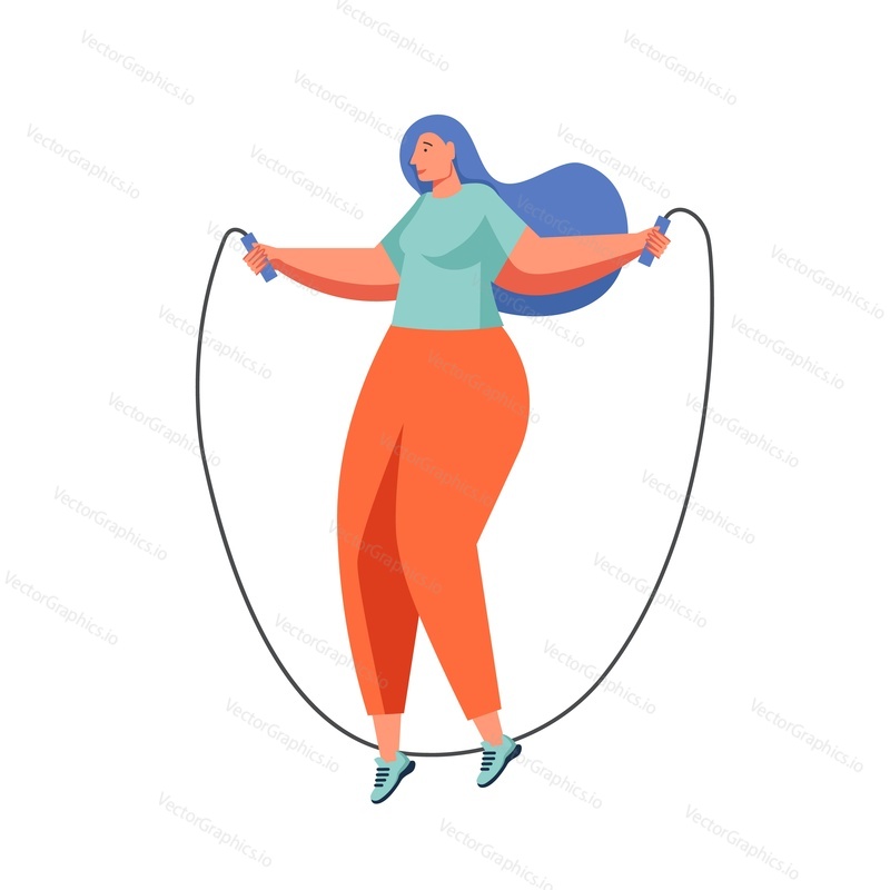 Woman doing exercises with jump rope, vector flat illustration isolated on white background. Skipping rope cardio gym workout, fitness, weight loss, sport activity.