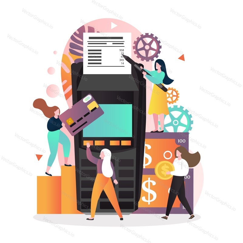Vector illustration of tiny characters doing purchases using credit card via huge POS terminal that confirms successful payment with receipt. Financial transactions, electronic funds transfer concept.