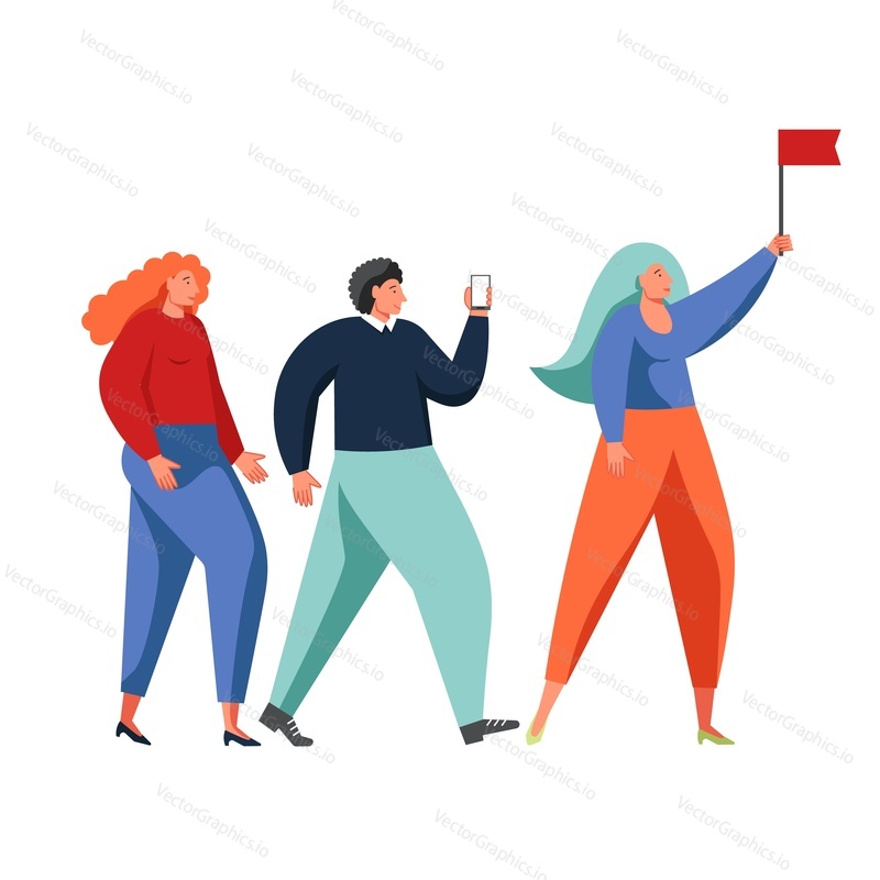 Tour guide with couple of tourists, vector flat isolated illustration. Travel, summer vacation, tourism, adventure concept for web banner, website page etc.