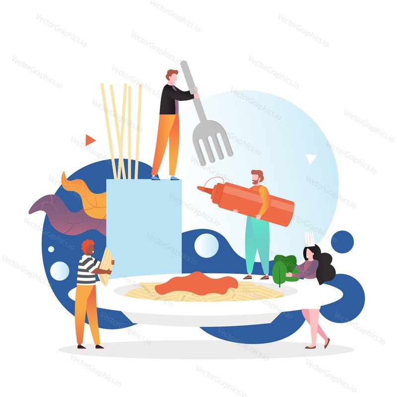 Huge spaghetti, male and female characters chefs cooking delicious pasta with tomato ketchup, vector illustration. Italian cuisine concept for web banner, website page etc.
