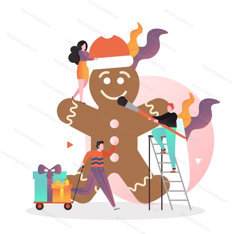 Micro male and female characters decorating huge gingerbread biscuit, vector illustration. Christmas and New Year party celebration concept for web banner, website page etc.