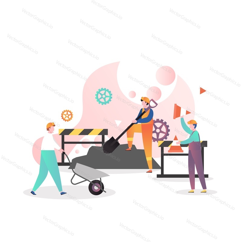 Road repair, maintenance and construction vector illustration. Male characters workers working with shovel, wheelbarrow, holding traffic cones. Asphalt paving process concept for banner, website page.