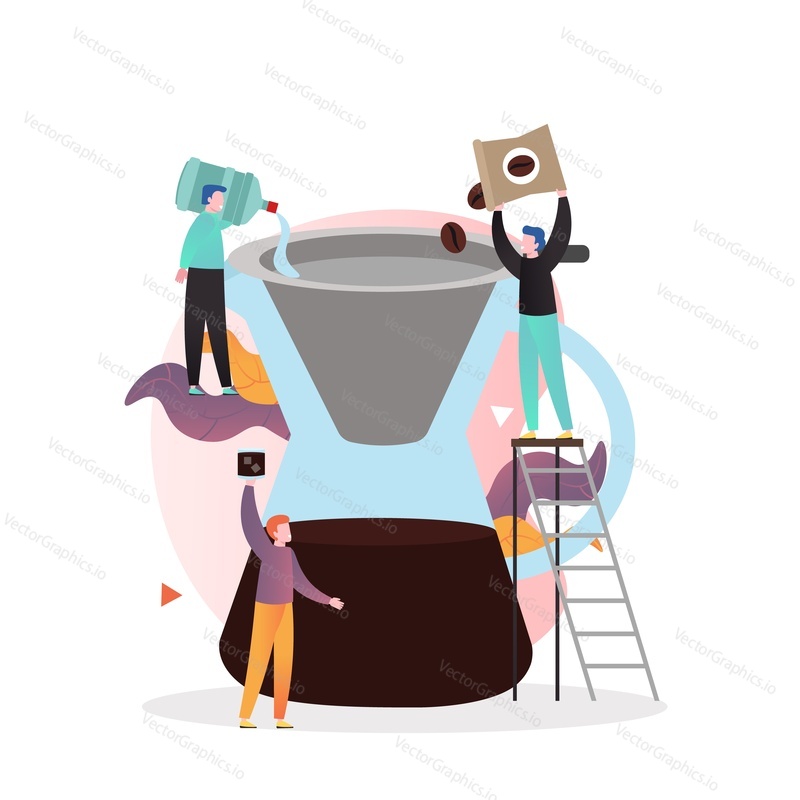Люди, готовящие кофе с помощью кофеварки, векторная иллюстрация. Альтернативная концепция приготовления кофе с ручным фильтром для веб-баннера, страницы веб-сайта и т.д.