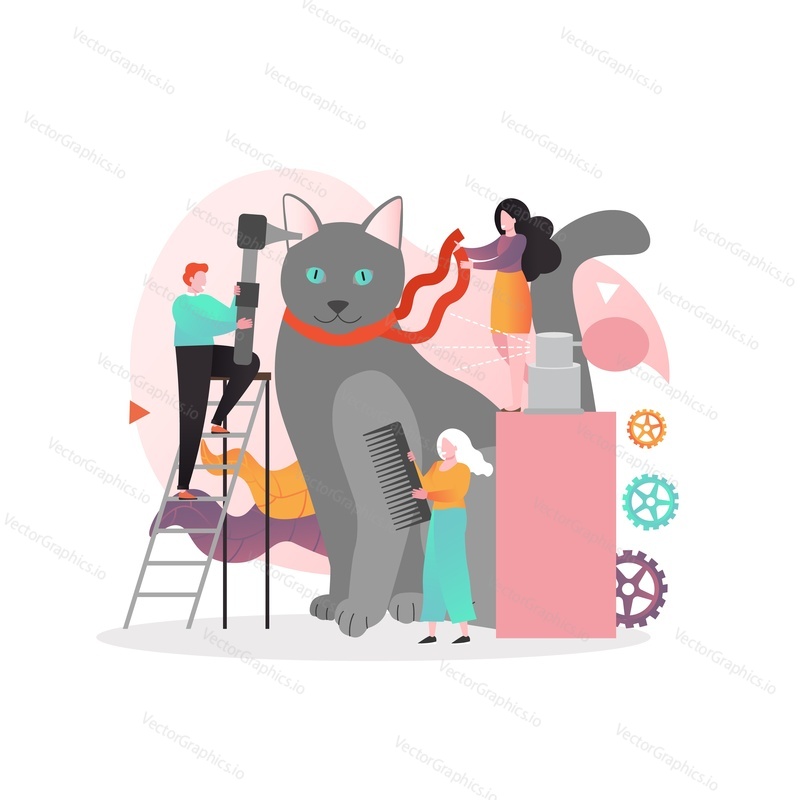 Huge cat getting hairstyle, micro male and female characters barbers combing cute kitten, vector illustration. Pet grooming services, animal care composition for web banner, website page etc.