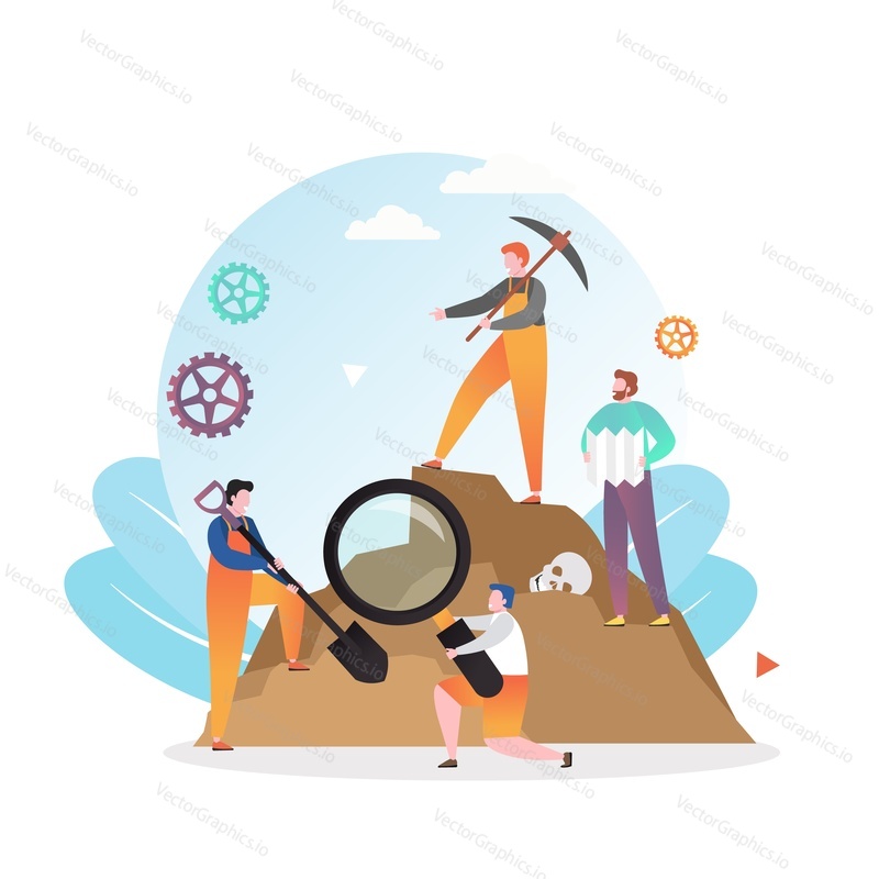 Micro male characters archaeologists working at archaeological site with big magnifying glass, shovel and pickaxe, human remains in sand, vector illustration. Archaeological excavations concept.