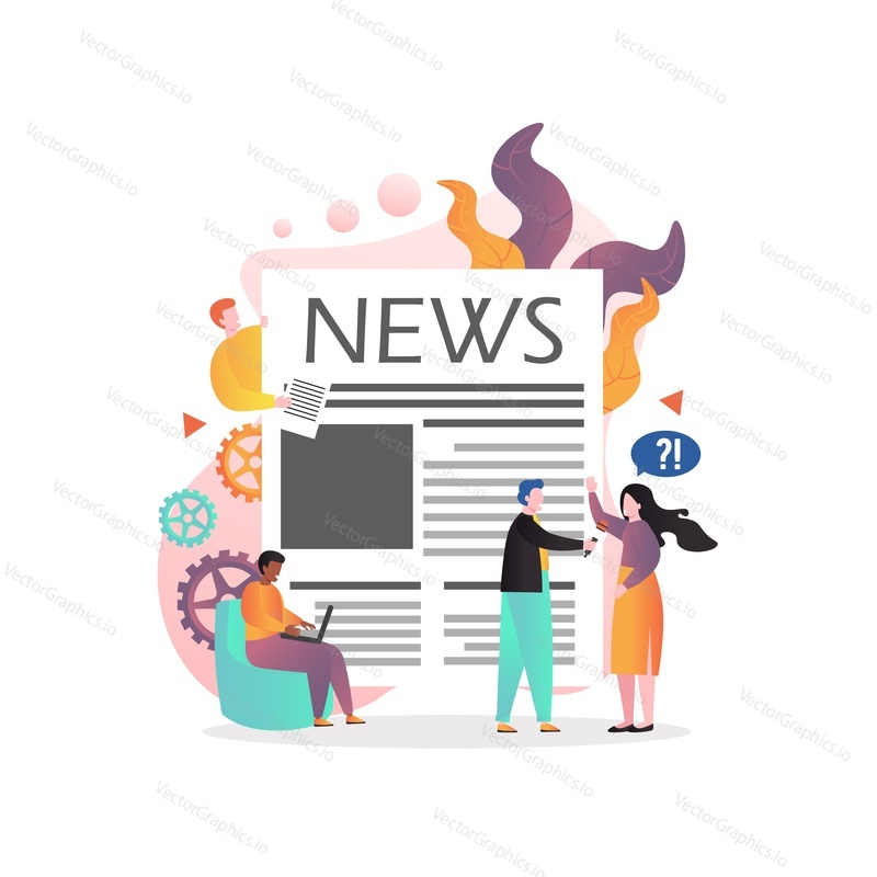 Huge newspaper front page, tiny characters journalist, reporter interviewing young woman, man using laptop, vector illustration. Press, mass media, daily news reports creating concept for website page