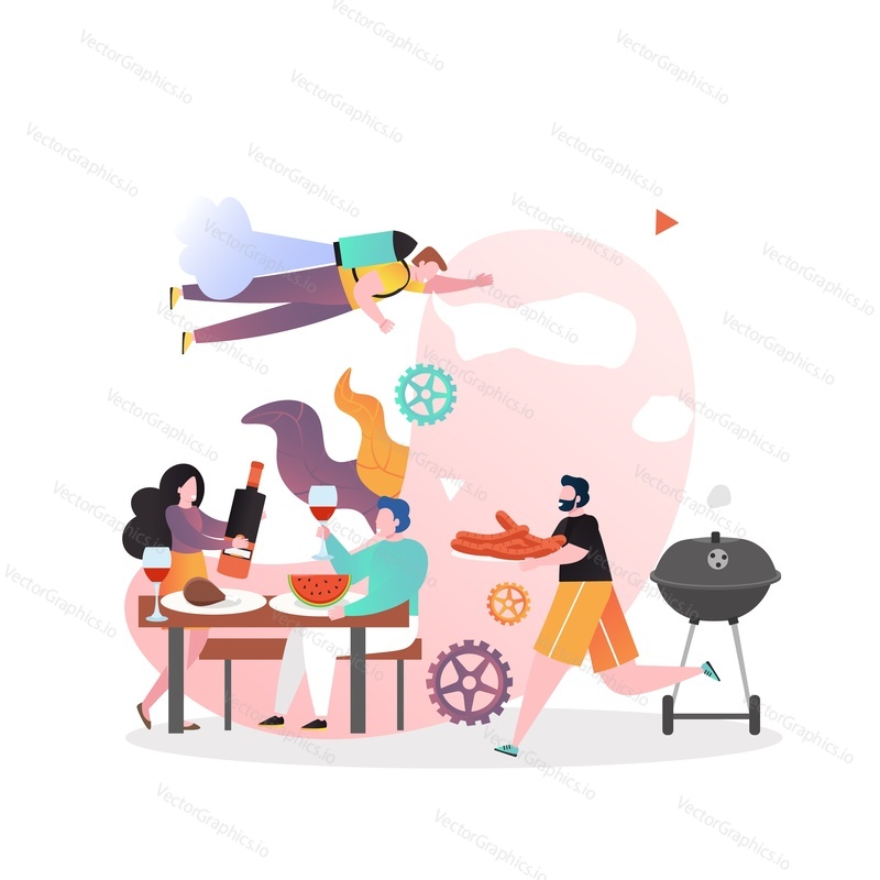 Happy couple having BBQ party, vector illustration. Chef male cartoon character grilling sausages. Barbecue and outdoor picnic composition for web banner, website page etc.