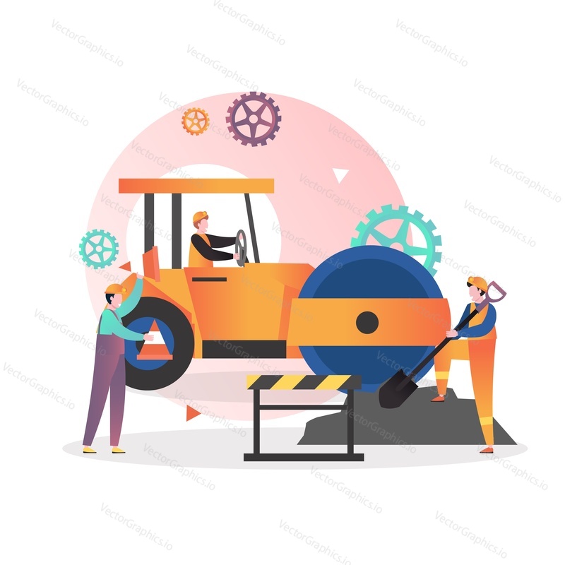 Road repair, maintenance and construction vector illustration. Male characters workers driving yellow asphalt compactor roller, working with shovel, holding traffic cone. Asphalt pavement installation