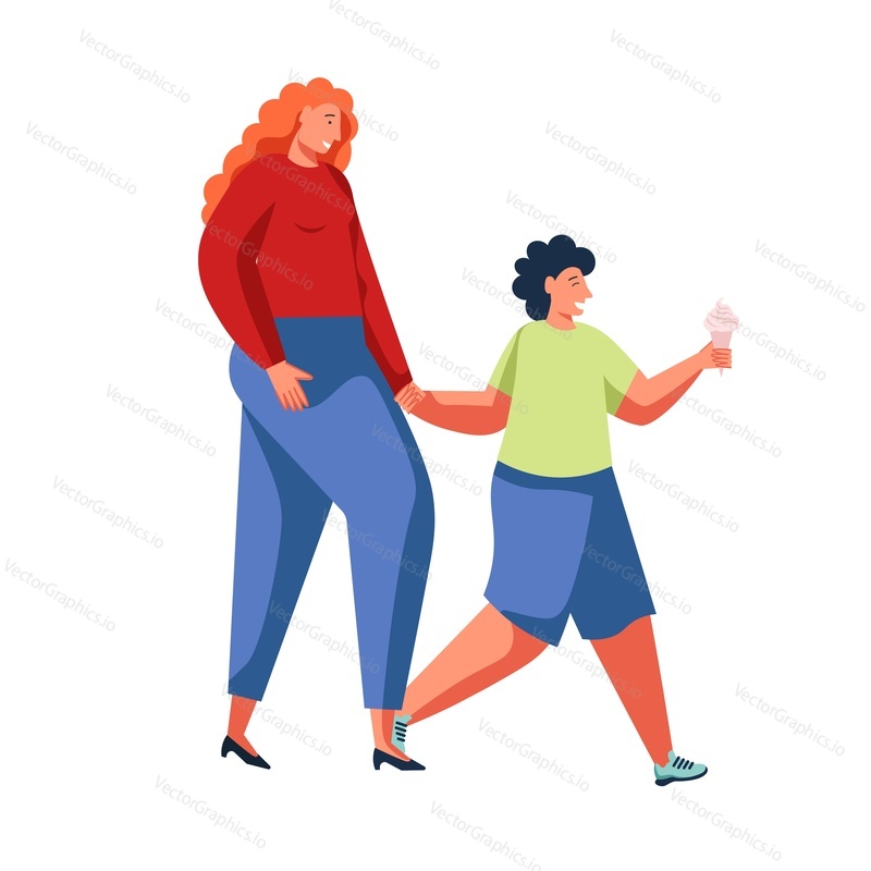 Mother walking with her son eating ice cream, vector flat illustration isolated on white background. Summer holidays, vacation, summertime.