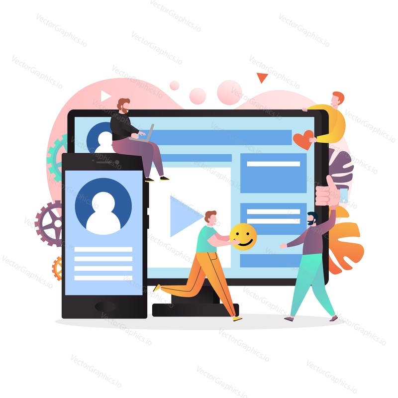 Huge computer monitor and smartphone, tiny characters with social networking like symbols, vector illustration. Social media communication technology, chat, video messages concept for website page etc