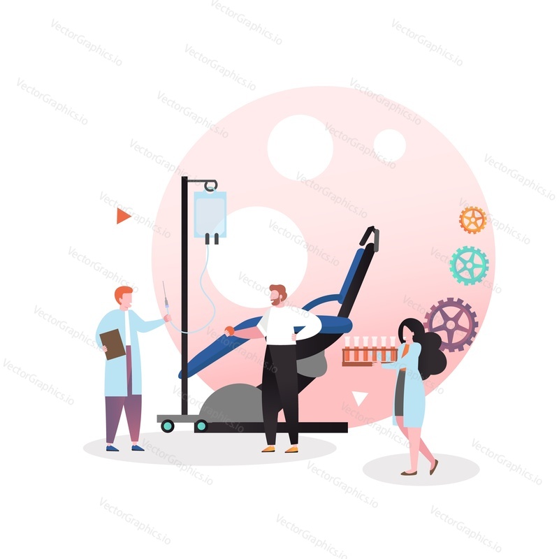 Blood transfusion bag with holder, medical hospital chair and cartoon characters doctor, nurse and donor with ball in hand, vector illustration. Blood donation concept for web banner, website page etc