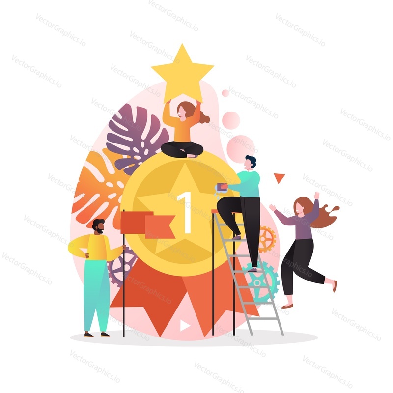 Huge winner medal with ribbon and happy tiny business people celebrating, vector illustration. Winner people team success concept for web banner, website page etc.