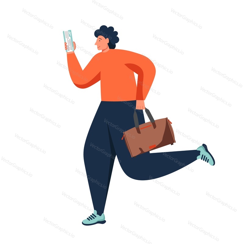 Man traveler running with bag and ticket in hands, vector flat isolated illustration. Travel, vacation, tourism, adventure concept for web banner, website page etc.