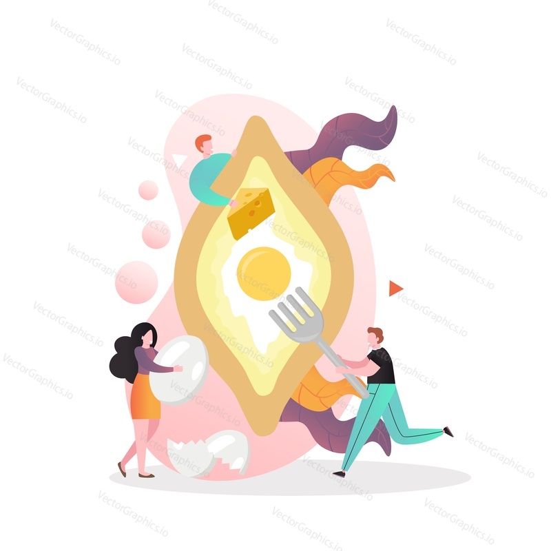 Georgian traditional cuisine, vector illustration. Micro male and female characters cooking and eating huge khachapuri cheese boat with eggs. Georgian food restaurant composition for web banner etc.
