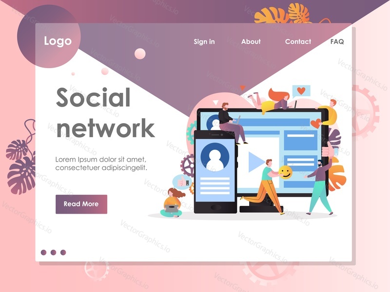 Social network vector website template, web page and landing page design for website and mobile site development. Social media communication technology, chat, video, messages concept.