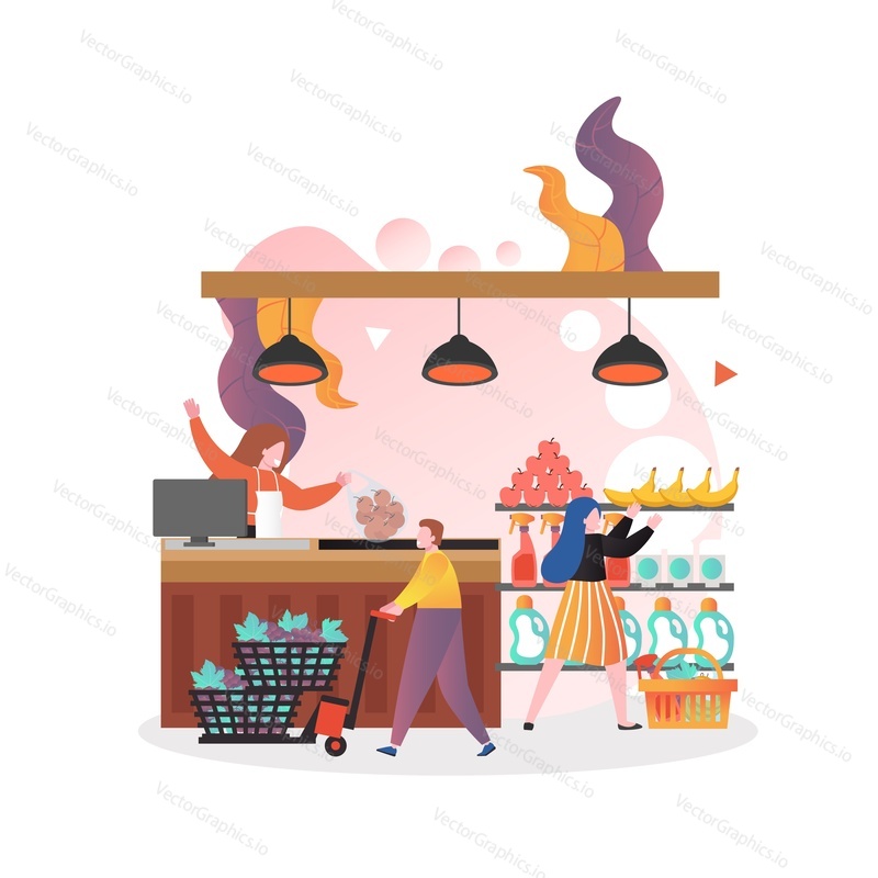 Street market stall, saleswoman, girl buying bananas and cleaning products, man moving cart with grape, vector illustration. Bazar, fruit and vegetable farmers market composition for web banner etc.