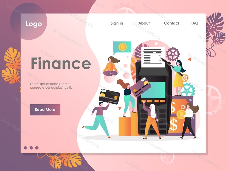 Finance vector website template, web page and landing page design for website and mobile site development. Financial transactions, card payments via POS terminal.