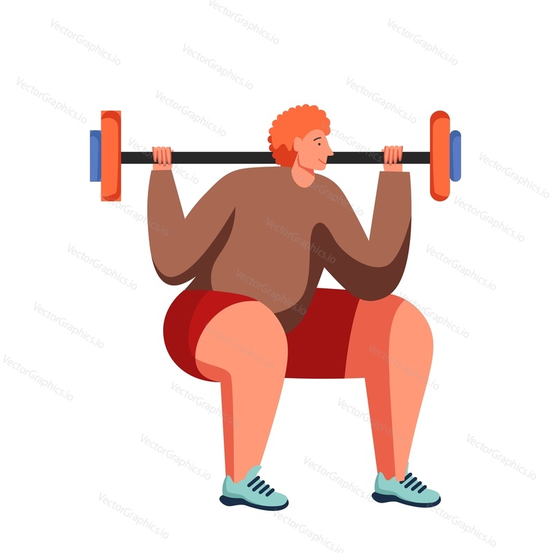 Bodybuilder doing back squats with barbell, vector flat illustration isolated on white background. Weightlifting, strength training, pumping iron, sport activity, gym workout, weight exercise.