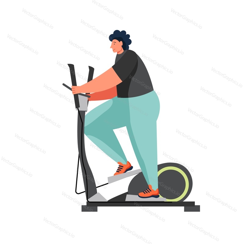 Man doing exercises using cross trainer, vector flat illustration isolated on white background. Elliptical trainer cardio gym workout, weight loss, sport activity.