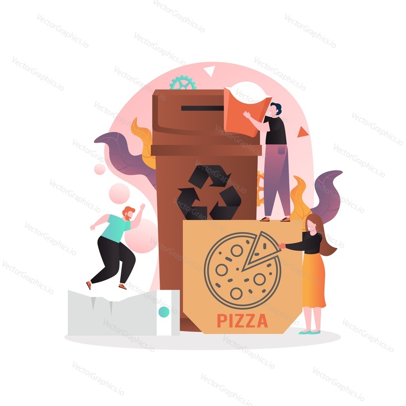 Tiny people throwing big carton fast food pack, pizza box into huge brown trash can, vector illustration. Sorting paper and cardboard for recycling, ecology concept for web banner, website page etc.