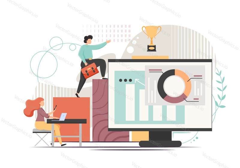 Business man climbing up growing bar graph to trophy cup, woman working on laptop, vector flat style design illustration. Office work, business career concept for web banner, website page etc.
