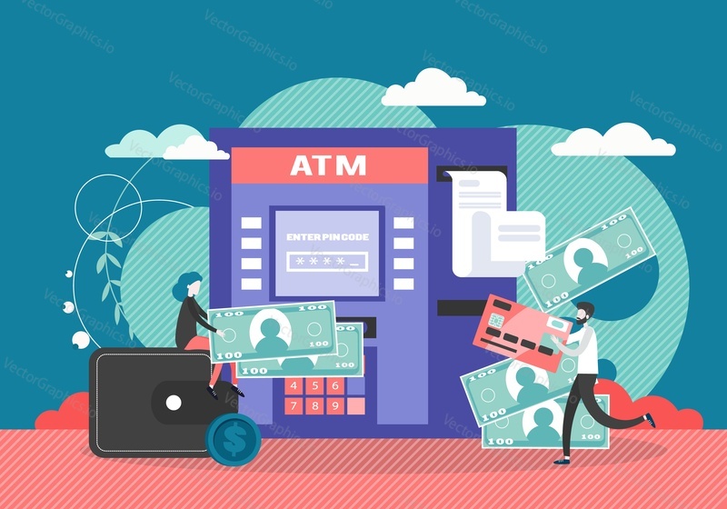 ATM machine vector flat style design illustration. Male and female characters withdrawing cash from automated teller machine using credit or debit card. ATM banking concept.