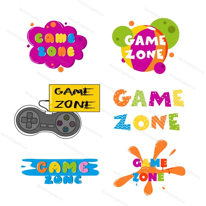 Game zone entertainment banner set, vector illustration isolated on white background. Kids play zone, playground, game room or center logo.