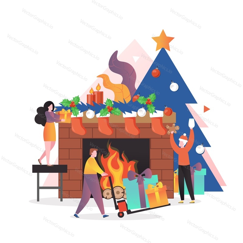 Micro male and female characters decorating fireplace with Christmas wreath, stockings, candles and preparing gifts, vector illustration. Christmas and New Year celebration concept.