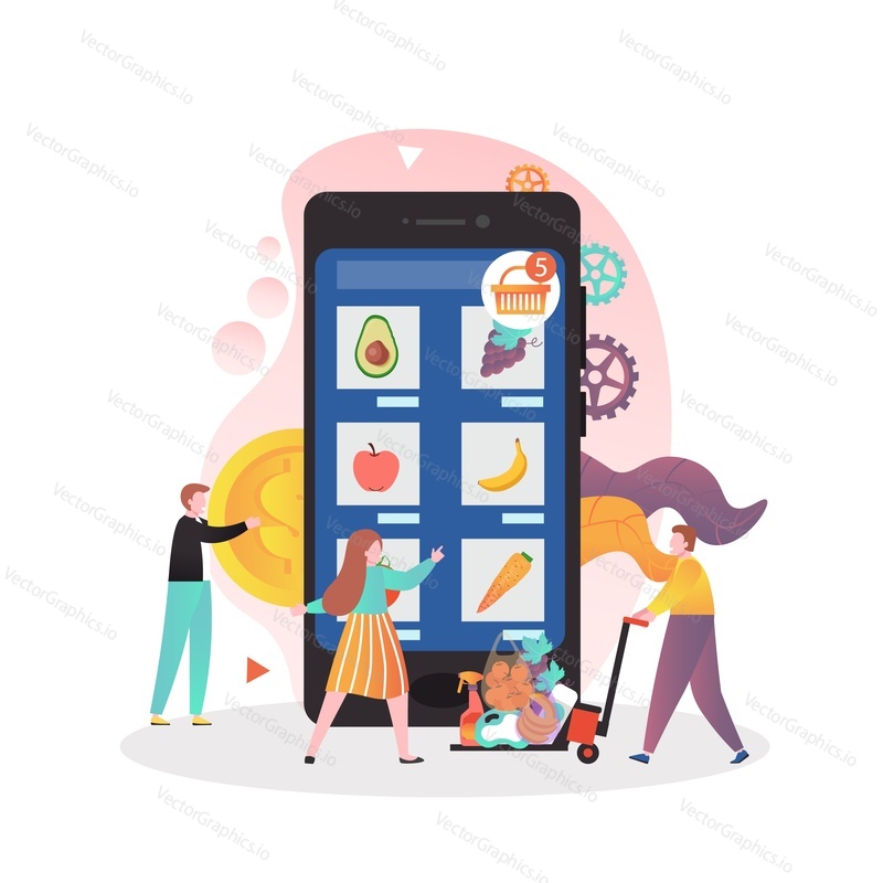 Fresh and healthy fruit and veg online market, vector illustration. Huge smartphone with grocery shopping app and micro characters. Online farmers market and local food delivery concept for banner etc