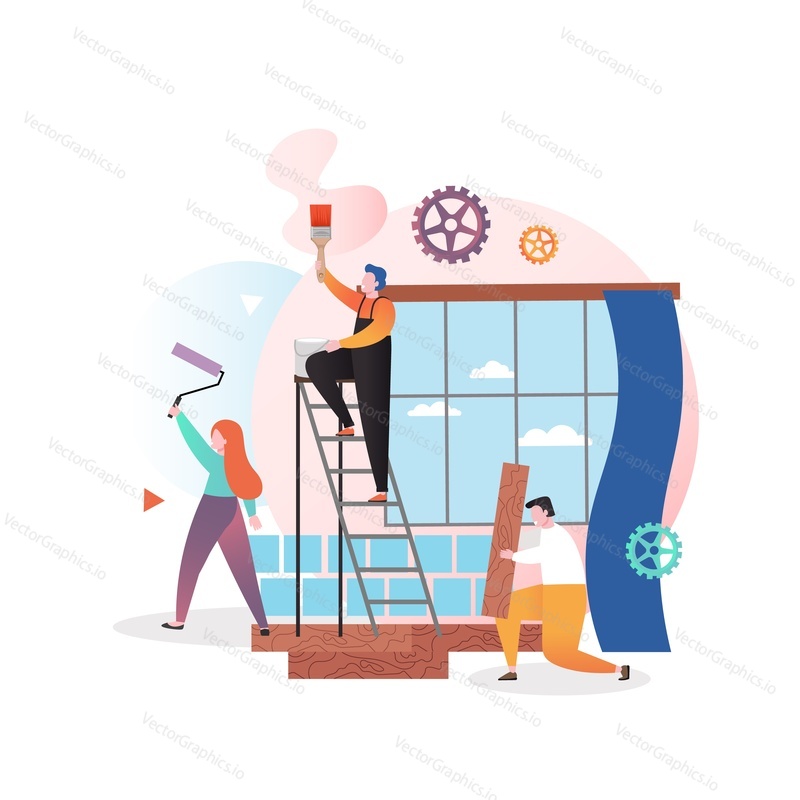 Male and female characters painting wall and installing laminate, vector illustration. Home remodeling, renovation and repair services concept for web banner, website page etc.