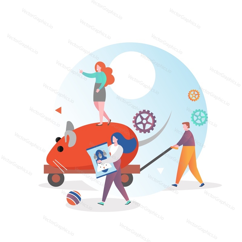 Micro male and female characters with huge mouse cat toy, food, vector illustration. Pet shop, kitten accessories and products, cat lovers concept for web banner, website page etc.